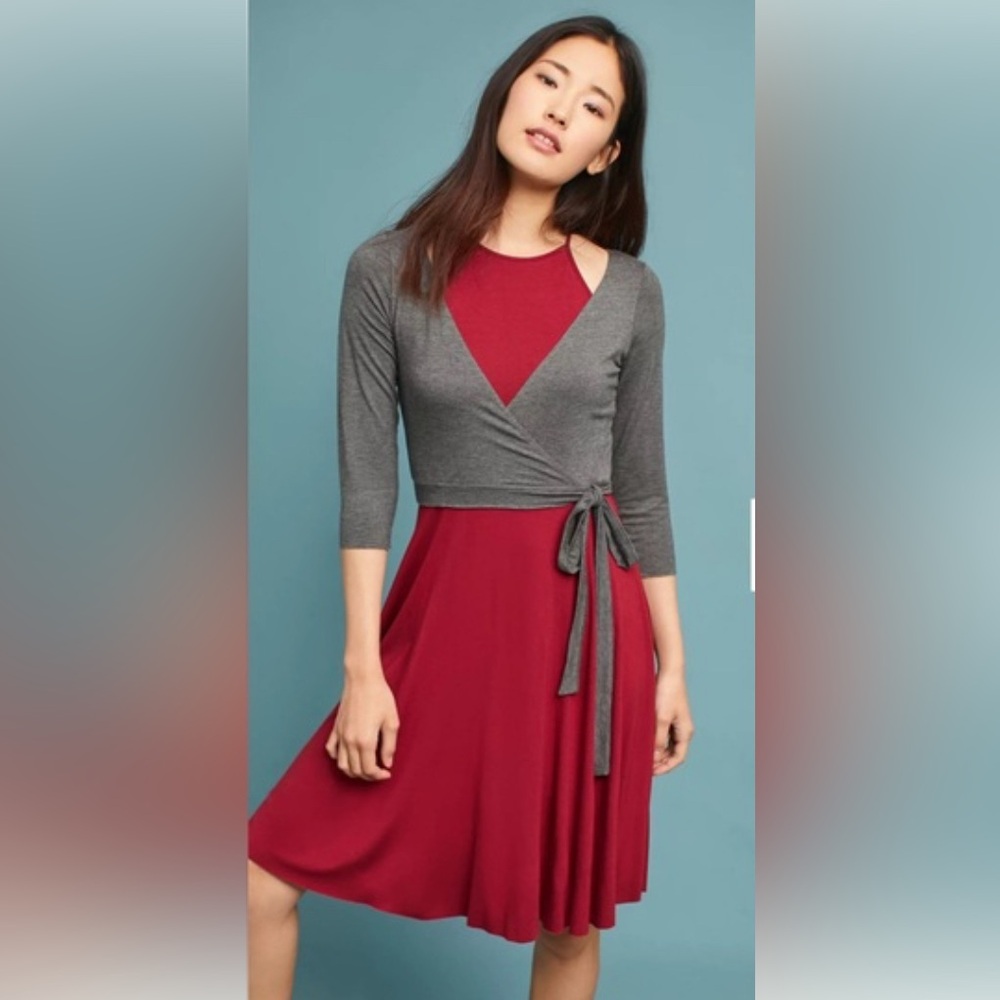 Anthropologie Red and Gray Long Sleeve Balletcore Dress
